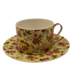 𝅺vintage New Bone Abbott China Saucer and Tea Cup Yellow w Pink Green Floral